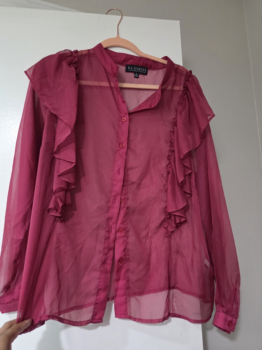 Eloquii Fuchsia Ruffle Sheer Button-Down Blouse